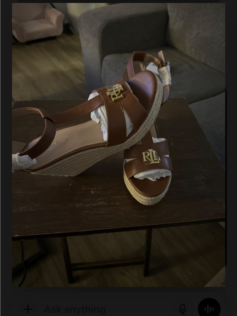 Ralph Lauren Tan Leather Espadrille Wedge Sandals with Gold RL Logo - Picture 2 of 2